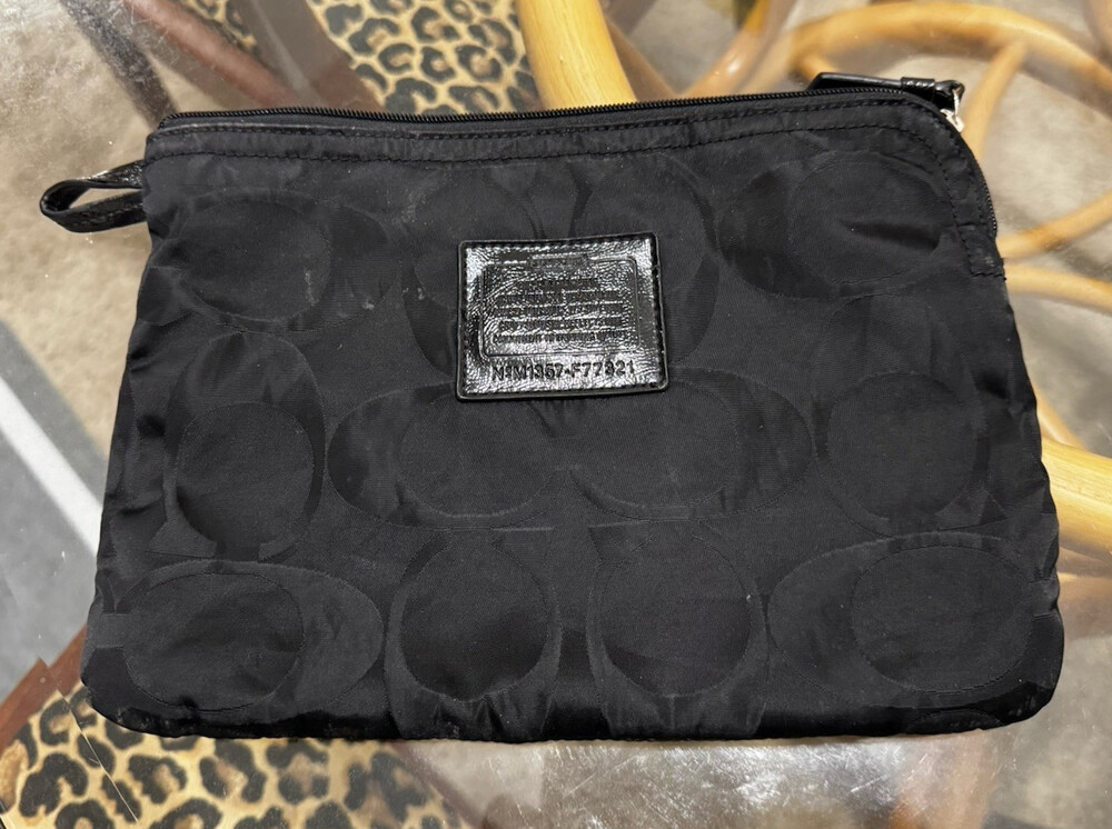 Coach Women’s Black Signature Logo Jacquard Zip Wristlet Pouch, Rectangle